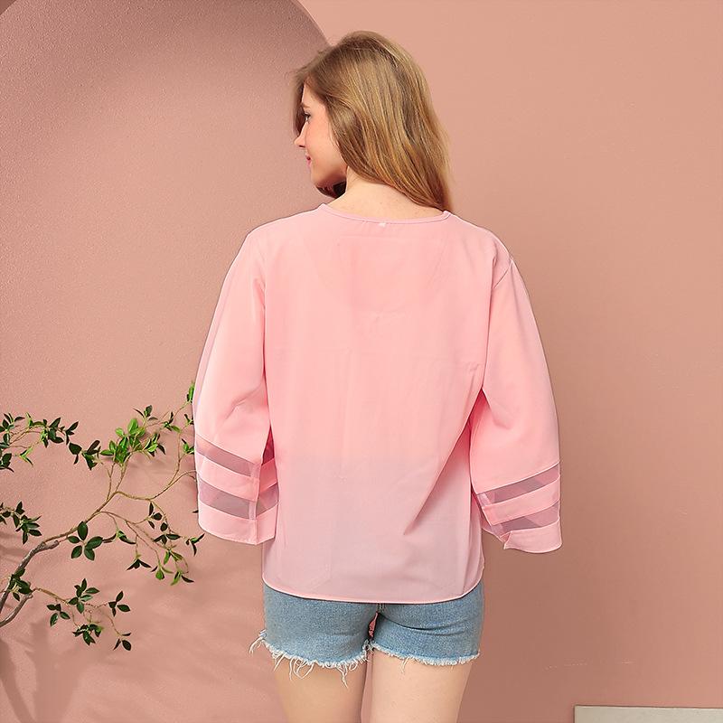 Summer Women's T-shirt Loose V-neck Mesh Splicing Sweet Fresh Girl Wind Chiffon Shirt