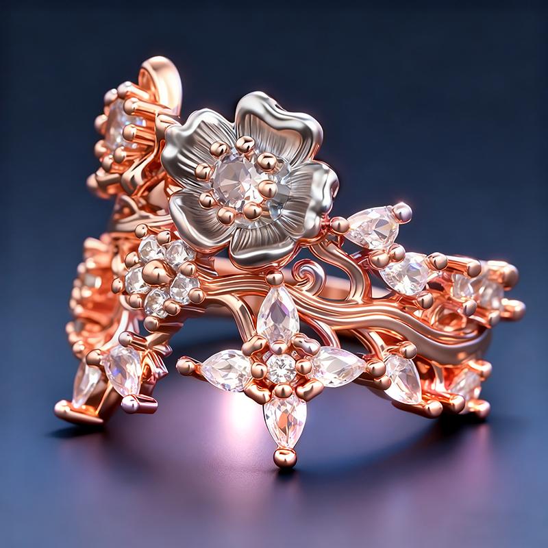 Huitan Aesthetic Two Tone Flowers Rings for Women Wedding Party Romantic Floral Design Female Ring Gift Creative Trendy
