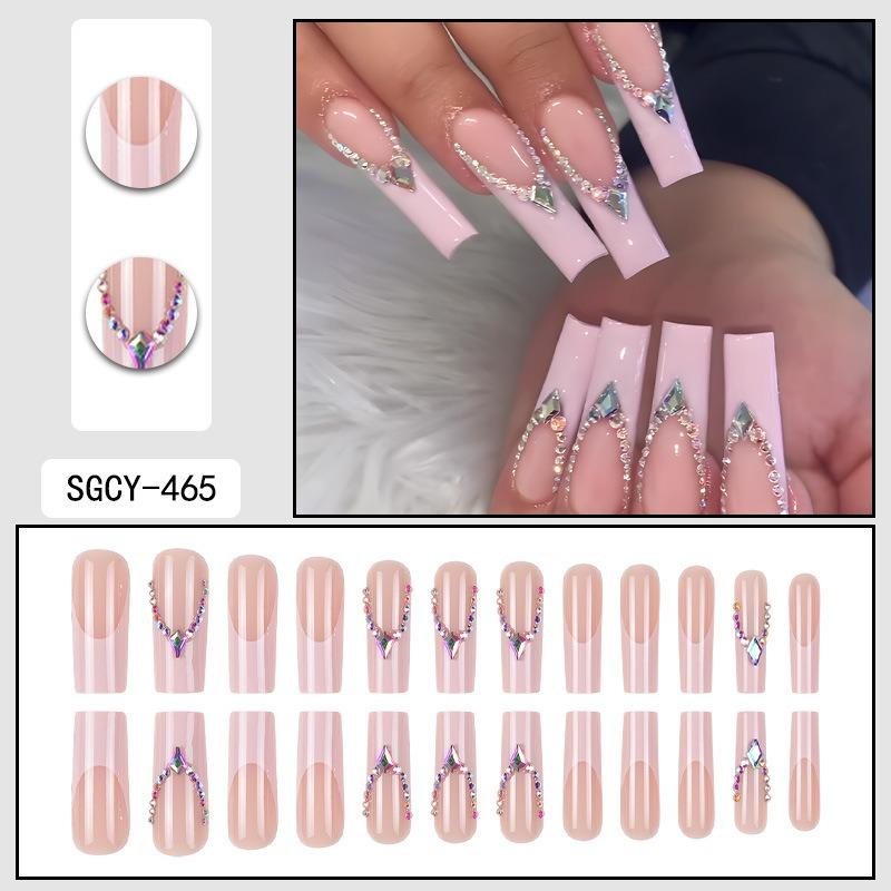 Cross-border European and American nail wear popular long light pink French nail art piece rhinestone flash Spice girls wear nail art