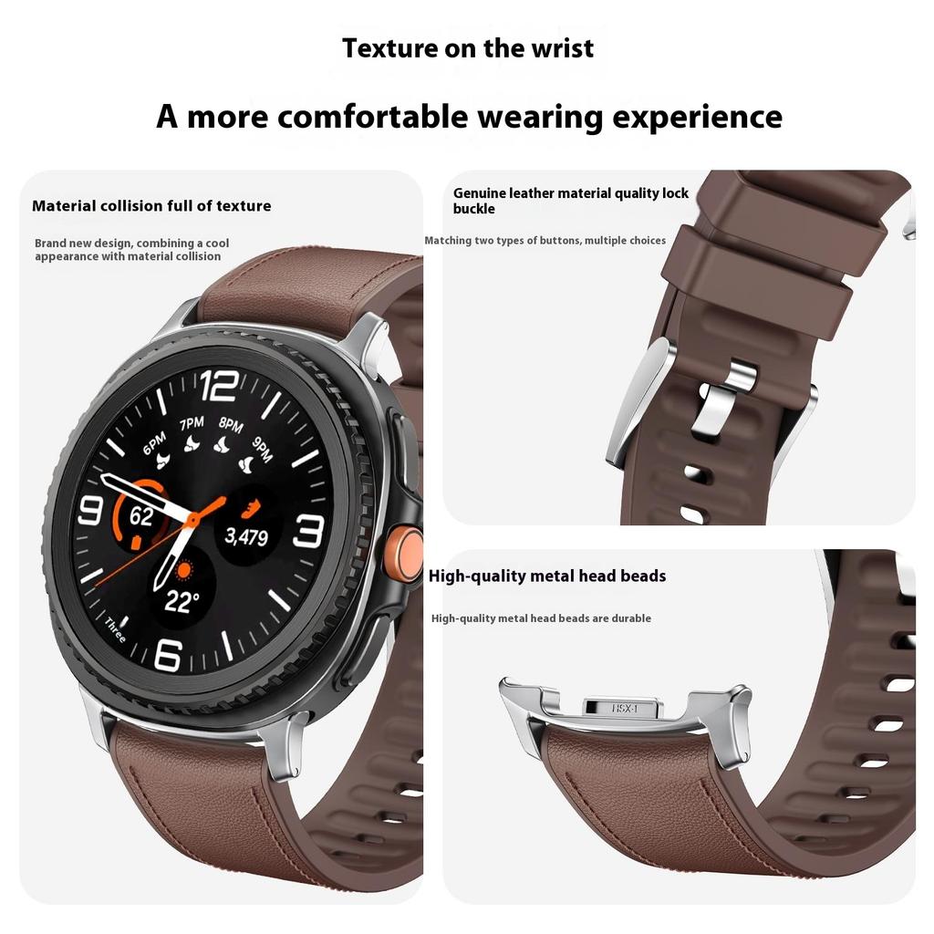Pulseira de Silicone Revestida em Couro para Samsung Galaxy Watch8 44mm/40mm/Watch8 Classic 46mm Pulseira de Relógio com Conector de Metal