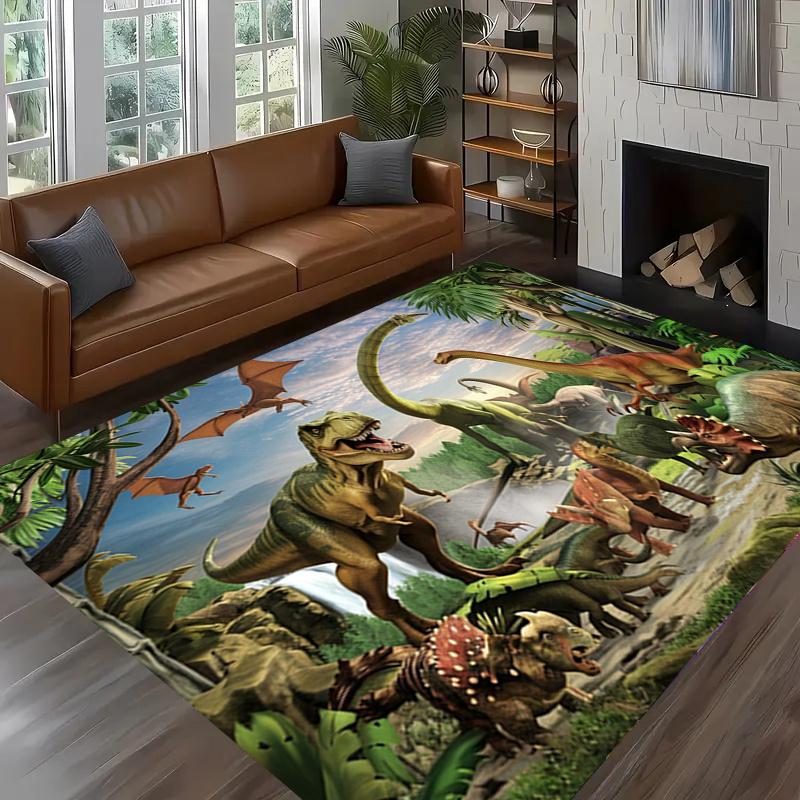 Jurassic Prehistoric Dinosaur Flannel Non-slip Area Rug, Soft Floor Mat for Kids Bedroom Home Decor