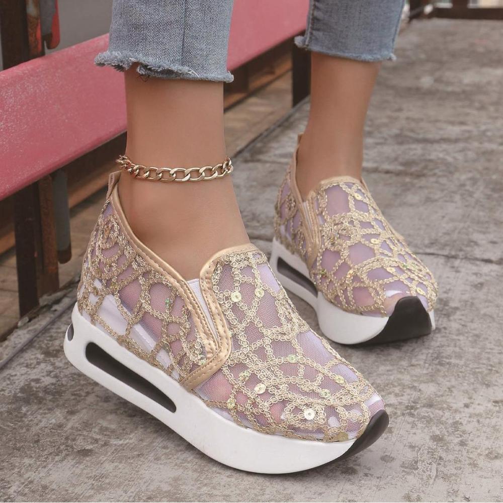 

Lace Flats Platform Women Sport Shoes Mesh Breathable Sneakers 2025 Summer New Casual Sandals Running Beach Shoes for Women 35 золотой
