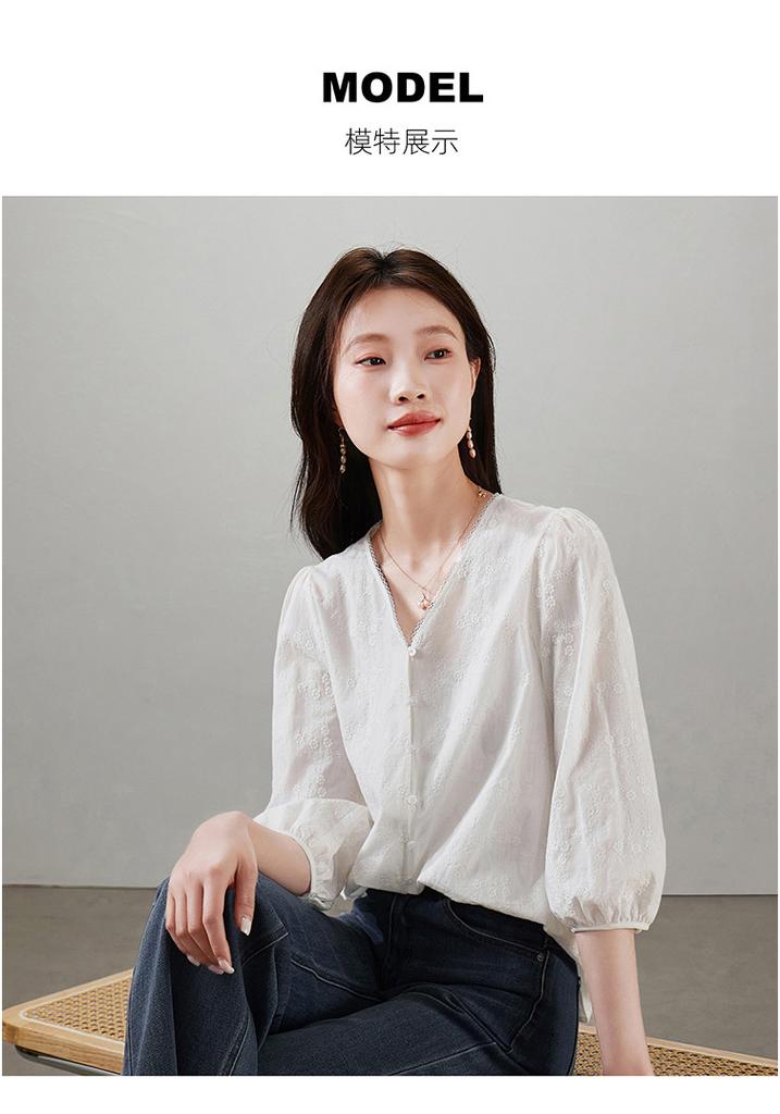 French pure cotton embroidered shirt for women's 2026 spring commuting versatile V-neck seven quarter sleeve niche top