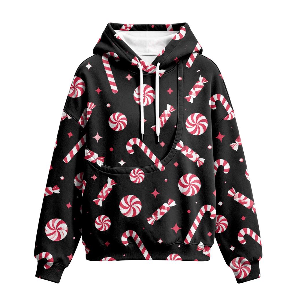 Damen Mode Weihnachtsdruck Pullover Hoodie mit großer Haustier Tasche für Freizeitkleidung