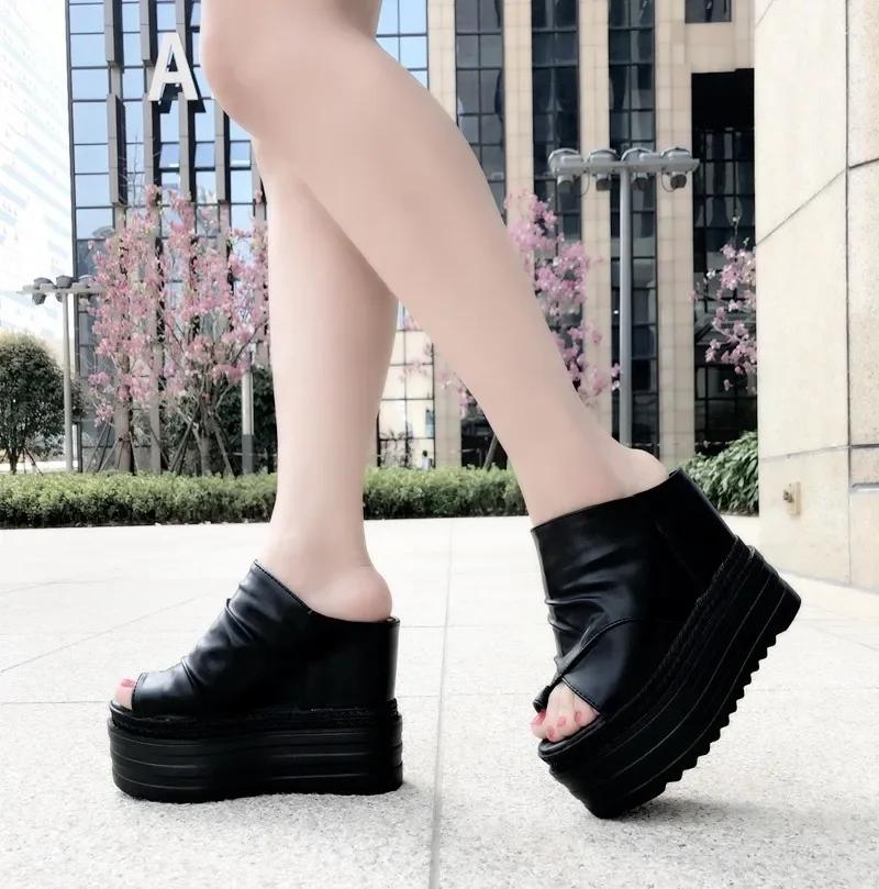 Fashion 14CM Genuine Leather Sandals Women Fashion  Thick High Heel Party Night Club Shoes Sexy Platform Sandals Ladies Slippers