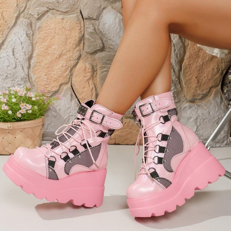 Fashion Platform Heels Autumn New Round Toe Deep Mouth Metal Buckle Front Lace-Up Anti-slip Wear-resistant Short-thigh Boots