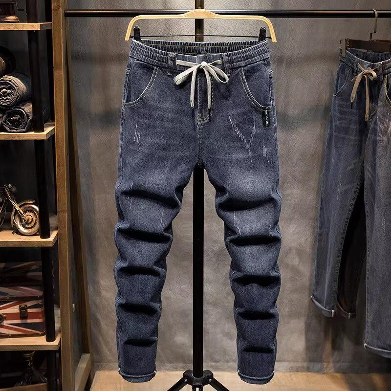 2024 Men's Stylish Elastic Waist Jeans: Spring & Autumn Straight Fit, Drawstring, Slim, Long & Lightweight for Summer.
