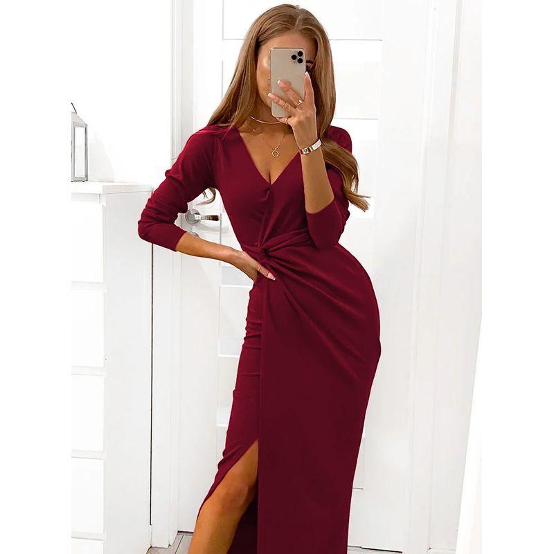 

2025V Collar Long Sleeved Slit Dress Evening Dress Black M