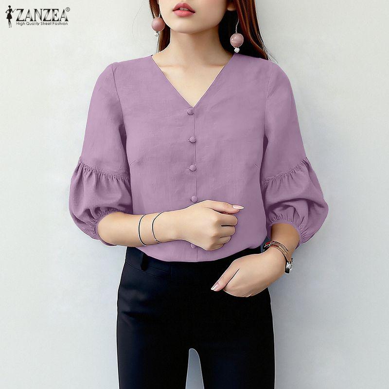 ZANZEA Women Casual V-Neck Solid Color 3/4 Sleeve Loose Blouse