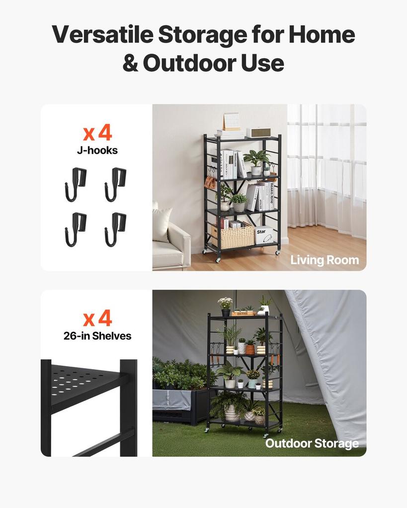 4-Tier Foldable Storage Shelf with Wheels 26 X 13 X 46-inch Metal Shelving