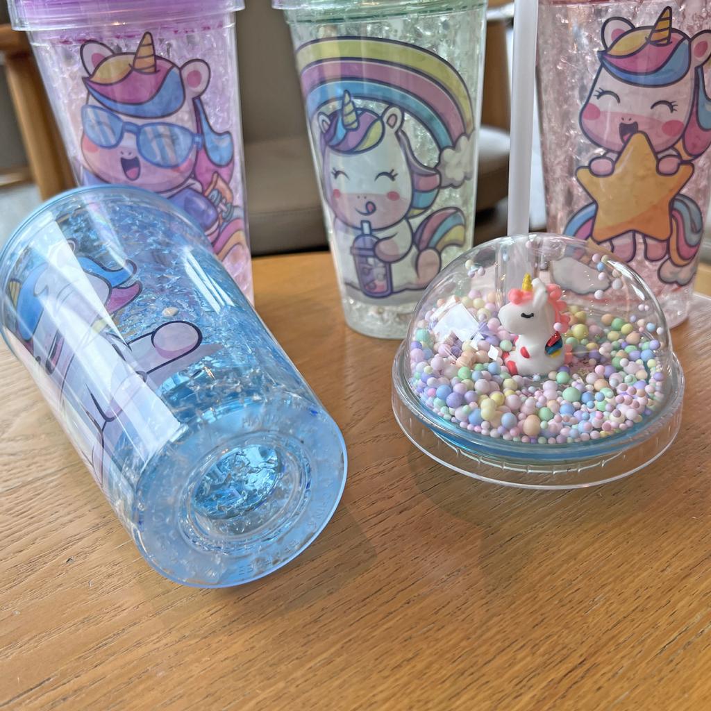 New High-value Unicorn Straw Cup,Portable Cartoon Plastic Water Cups, Double-layer Glitter Crushed Ice Cup, Holiday Gift Tea Cup