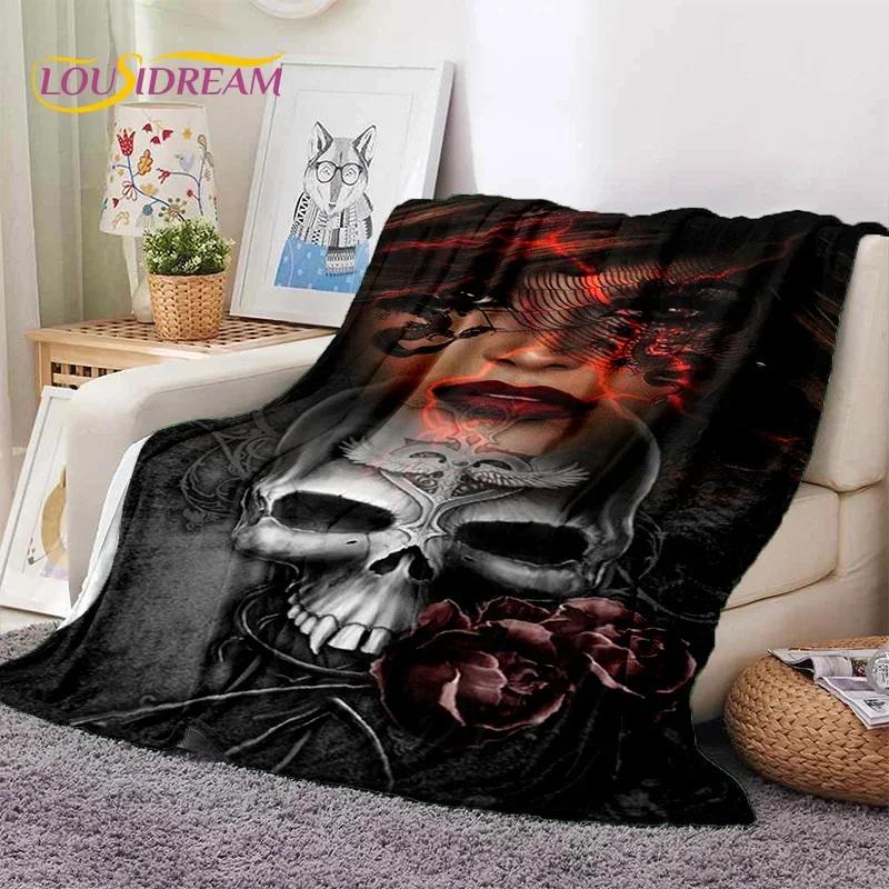 Skull Dead Girl 3D Gothic Horror Female Rose Soft Flannel Blanket,Throw Blanket Comfortable Blanket for Picnic Beds Home Bedroom