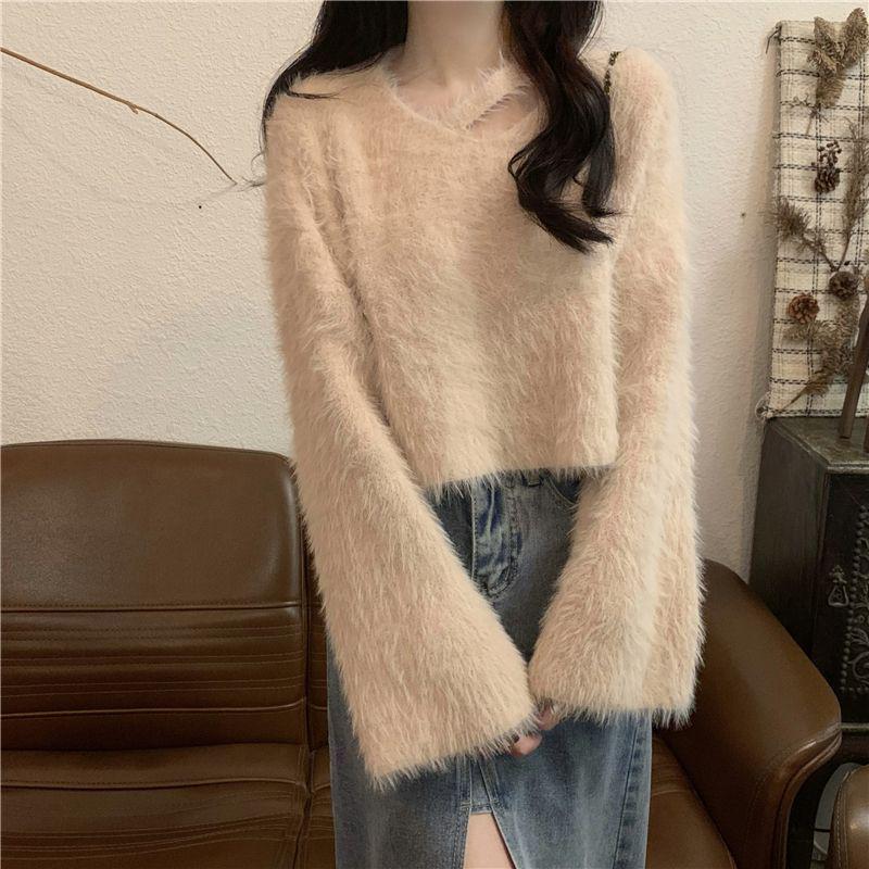 Trendy V-Neck Faux Mink Fur Sweater for Women - Autumn/Winter Cozy Knit Top