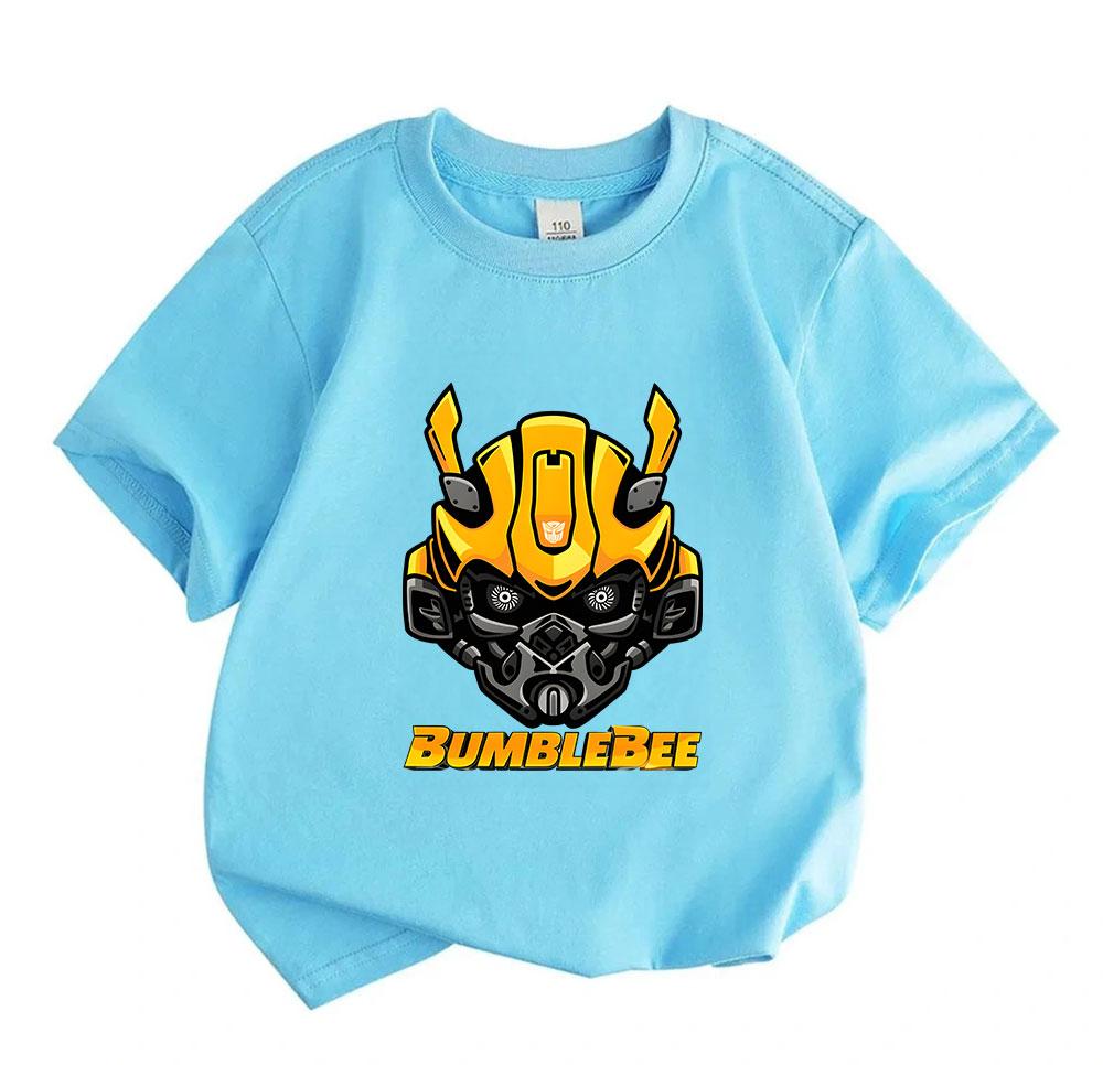 Kids Boys Girls Casual Crew Neck Short Sleeve T-Shirt, Cool Bumblebee Mecha Graphic 100% Cotton Soft Breathable Tee, Summer Daily Wear Tops for 3-12 Y