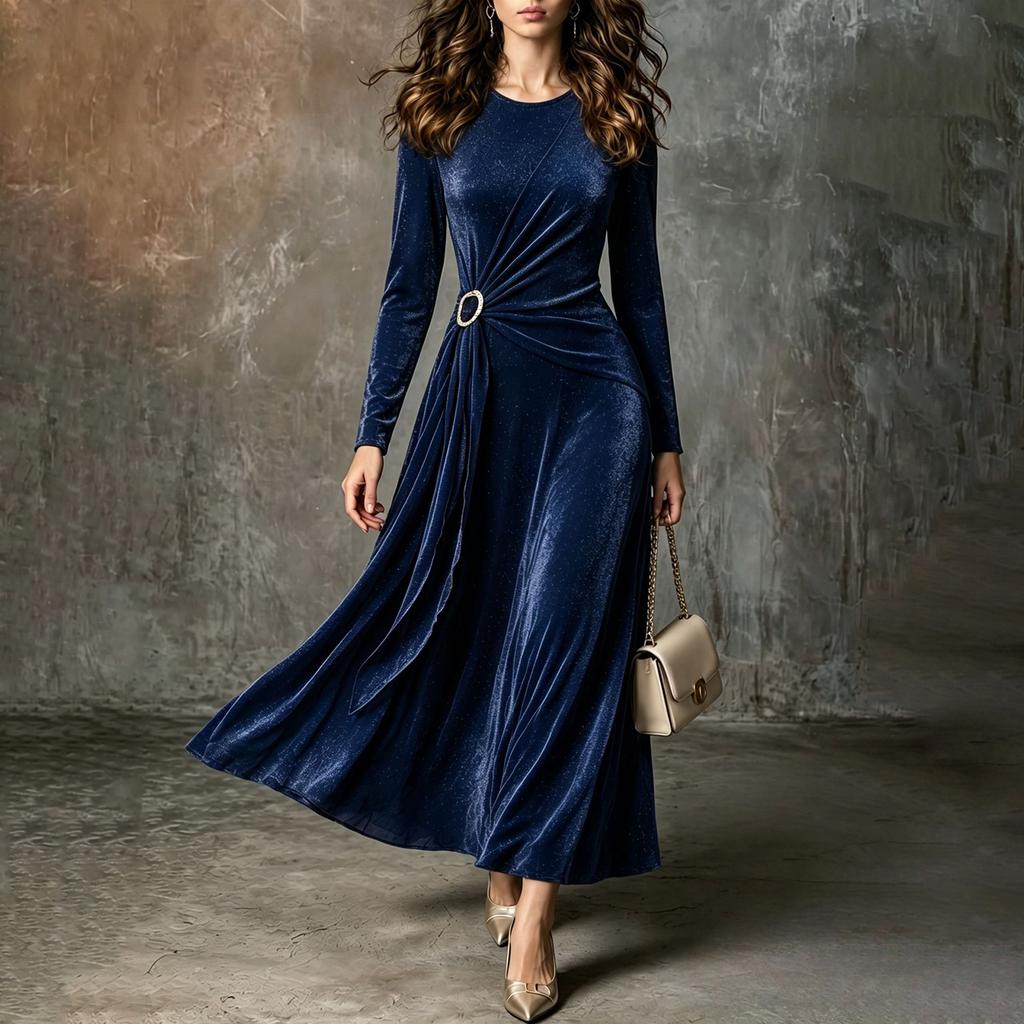 Vestido ajustado de manga larga con cuello redondo de color para mujer, para trabajo informal y fiestas
