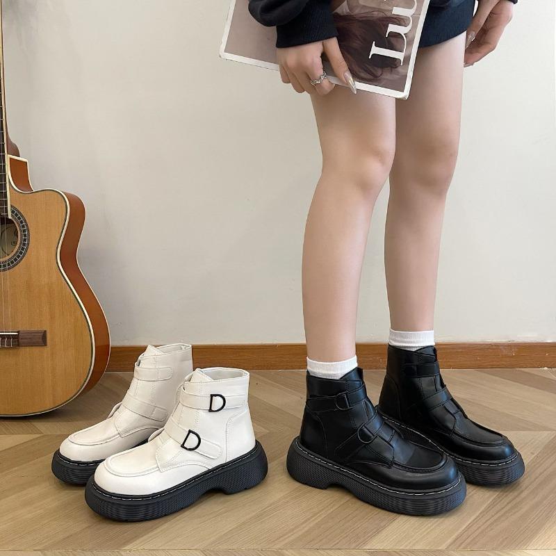 2025 Women Leather Boots Autumn Winter Warm Comfortable Buckle Ankle Boots Muffin Women Thick Bottom Motorcycle Boots Botas35-39