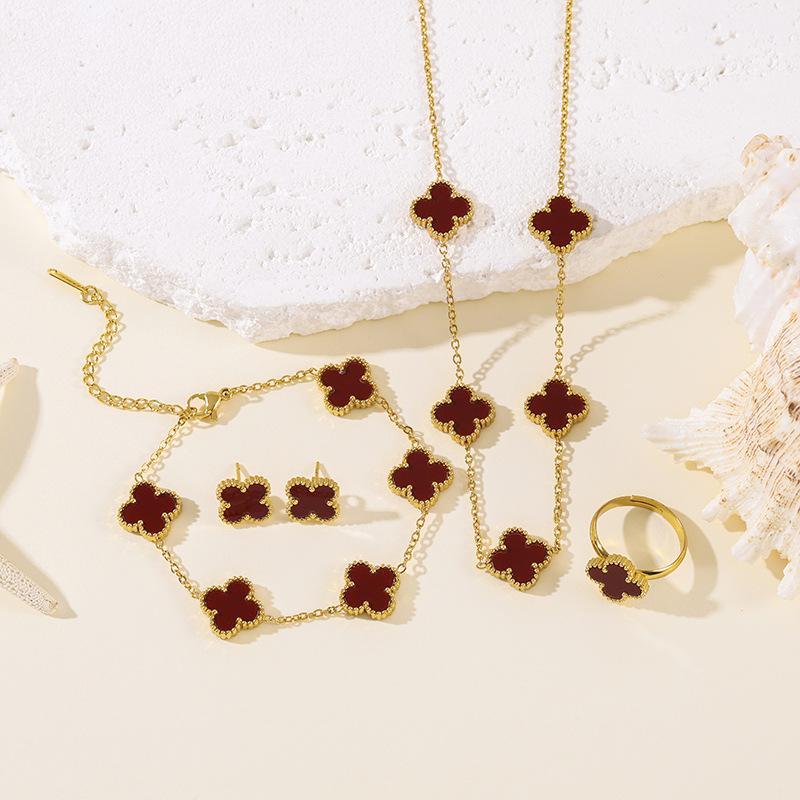 4pcs Four-Leaf Clover Four-Piece Set Including Necklace, Bracelet, Earrings and Ring, Versatile Lucky Five-Petal Fashion Jewelry
