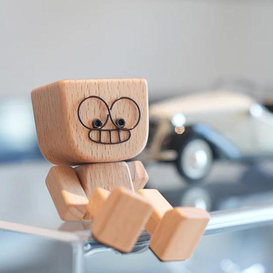 1 Set Shaking Wooden Man Figurine with 12 Expressions Handmade Shaking Feet Wooden Doll Car Dashboard Desktop Decoration