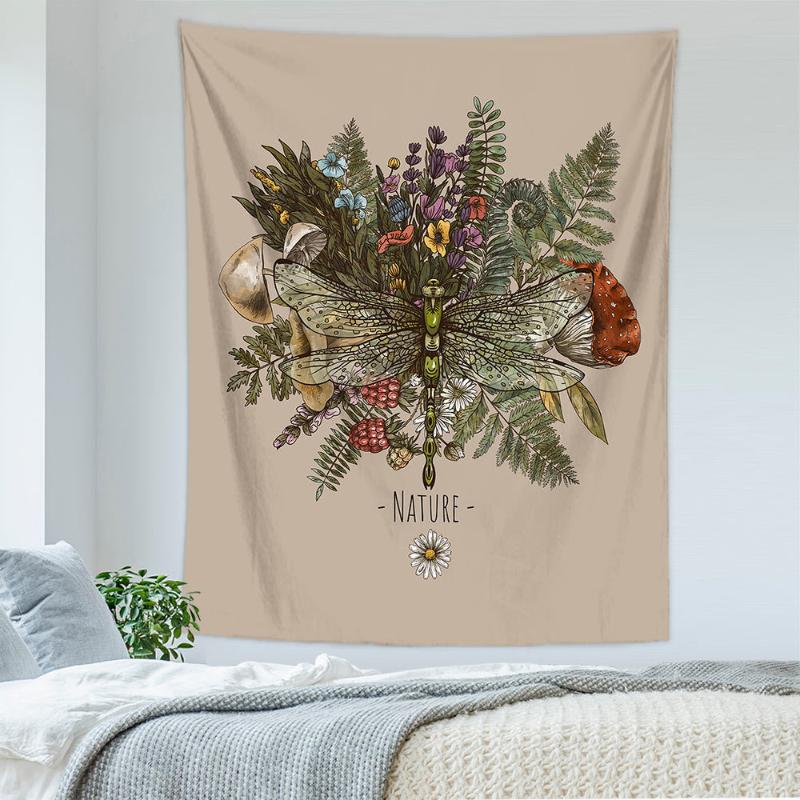 Boho Sun Moon Tapestry, Nature Wall Hanging, Vintage Mushroom & Fern Print for Cottagecore & Witchy Room Home Decor