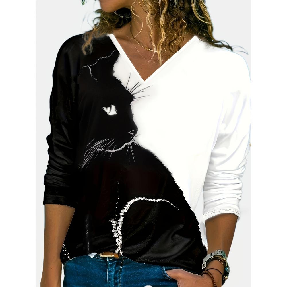 

Cat Print Colorblock T-Shirt, Casual V-Neck Long Sleeve T-Shirt S