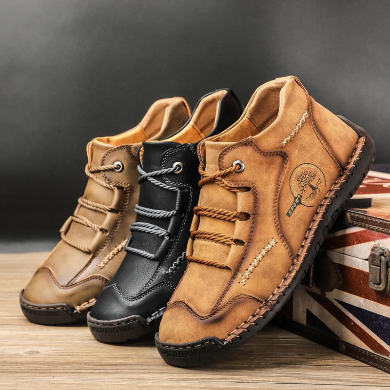 Fashion Men's Shoes Short Boots Handmade Leather Boots High Top Leather Flat Bottom Outdoor Workwear Casual Shoes Large Size Board Shoes