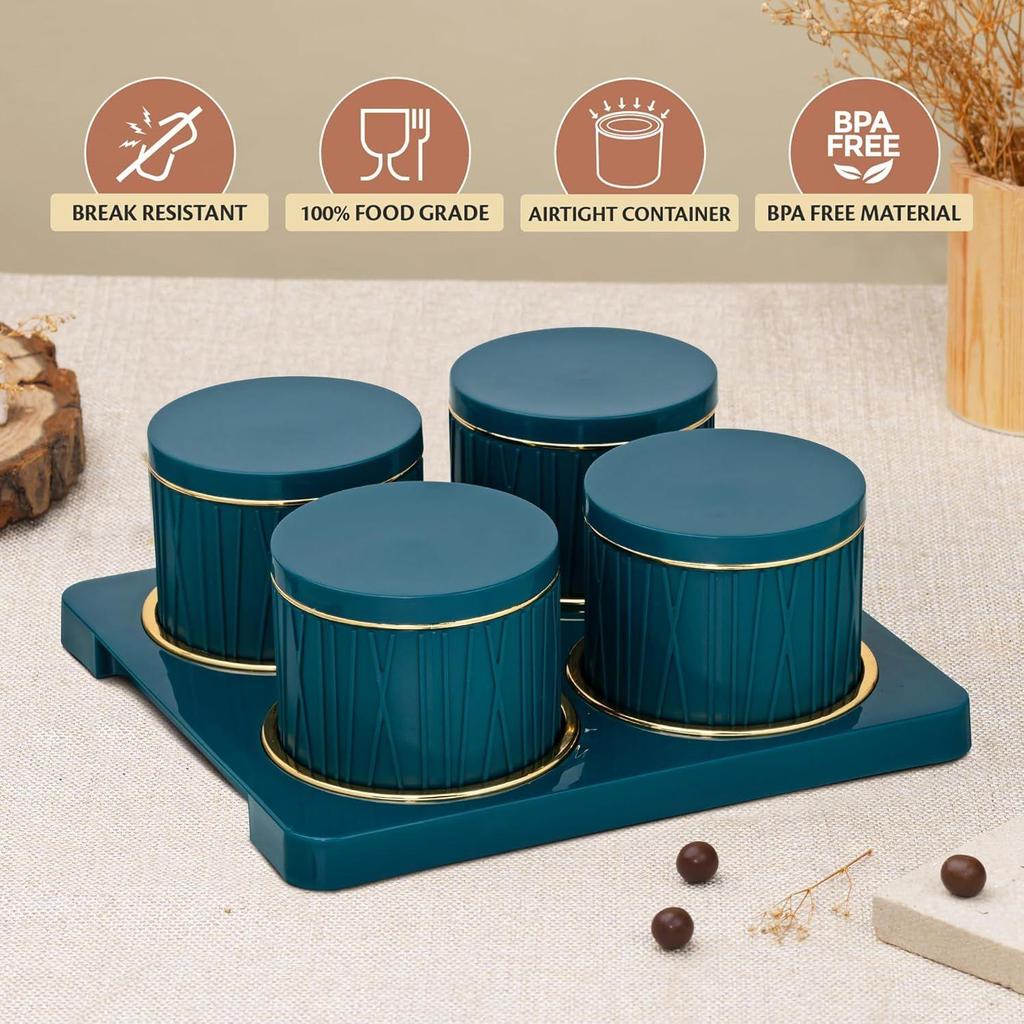 Container Tray Set -4 Pcs (450ml) -Multi-Color (Classic White, Repose Grey, Bluish Grey) Polypropylene with Subtle Gold Rim (Emerald Green)
