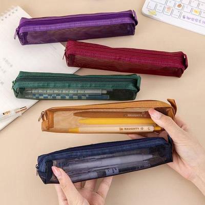 5Pcs Vintage Solid Color Mesh Pencil Case Portable Stationery Storage Pouch School Stationery Supplies Student Gifts