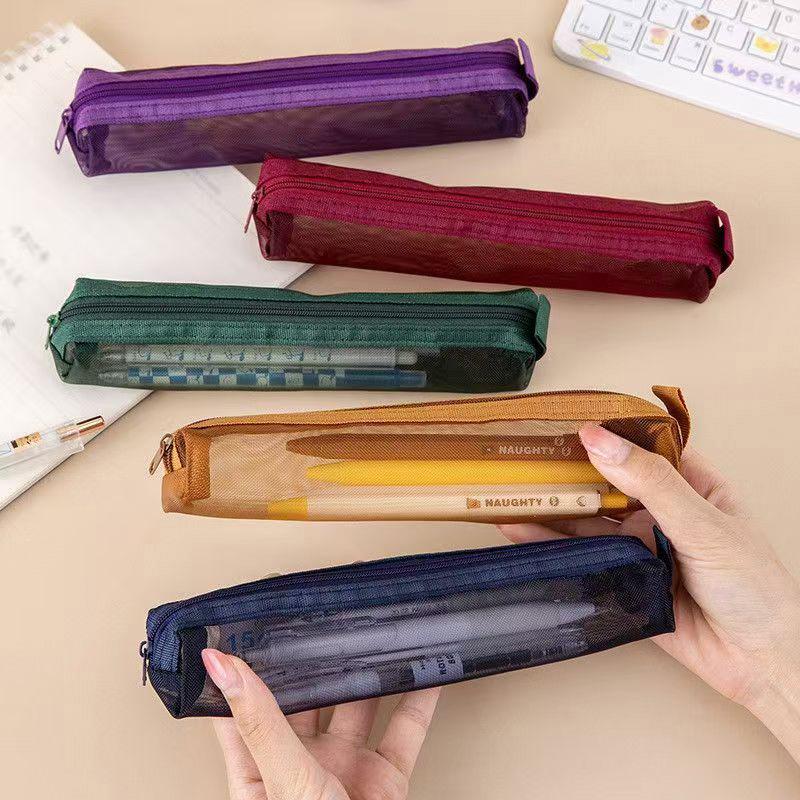 5Pcs Vintage Solid Color Mesh Pencil Case Portable Stationery Storage Pouch School Stationery Supplies Student Gifts