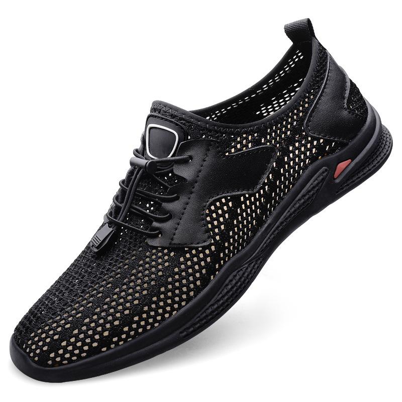 

Men s round head leather + mesh casual shoes sleeve thin breathable flat heel bag head men s wear men s shoes 46 чорний