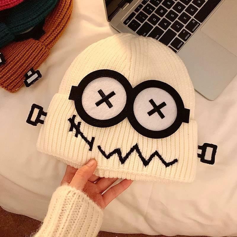 Cute funny fault robot wool hat female autumn and winter versatile personality warm big head circumference knitted hat male