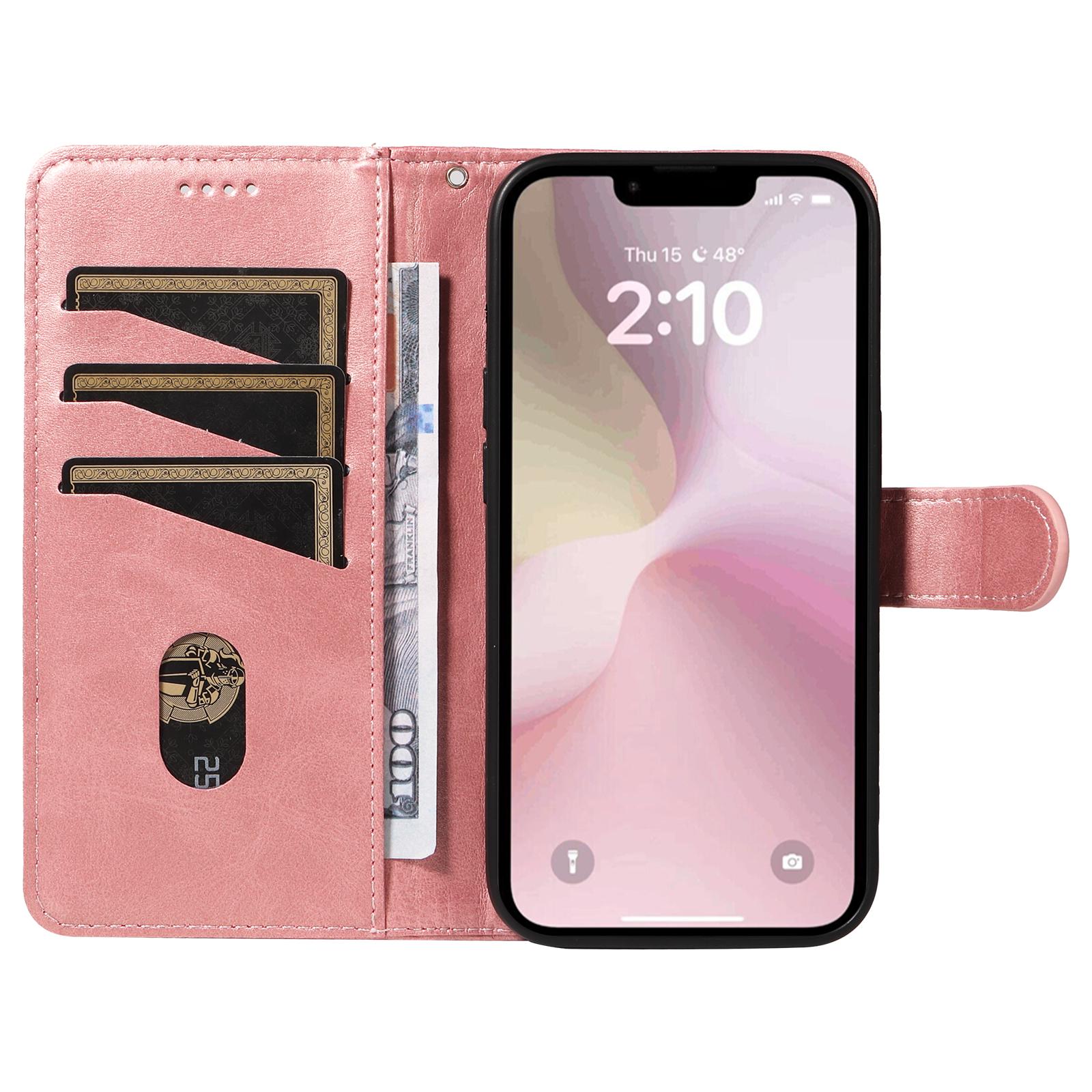 

For iPhone 16e Case Wallet Leather Flip Phone Cover with Hand Strap Rose Gold