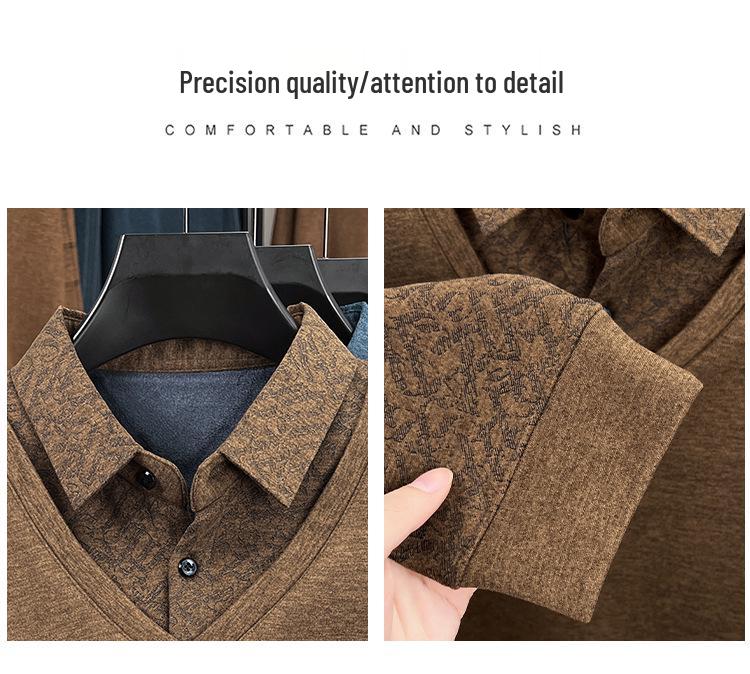 Premium Men's Knitwear: Fake Two-Piece Warm Sweater for Middle-Aged & Elderly (50-60+), Plus Velvet, Thickened Grandpa Style