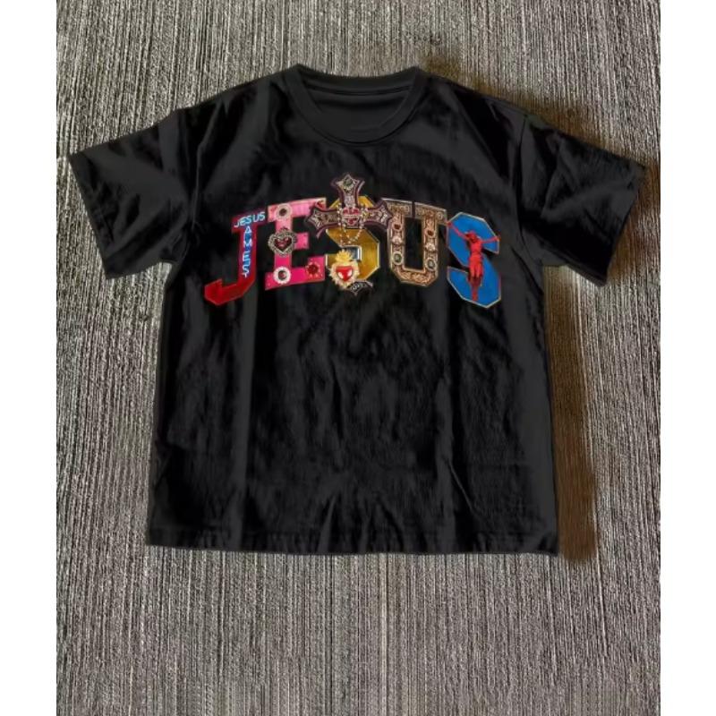 

Womens High Quality Pure Cotton Short Sleeved Tshirt MultiColor Gemstone Cross Jesus Graphic Print Women Crew Neck TShirt 4XL