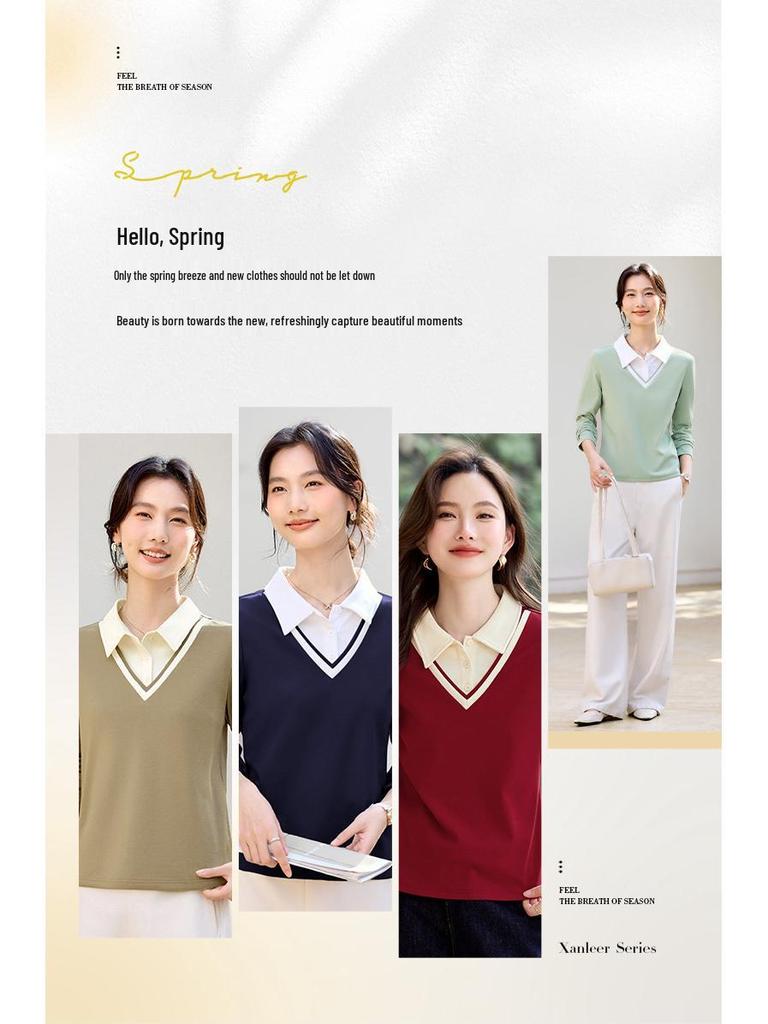 Women's Straight Shoulder Long-Sleeve T-Shirt, New 2026 Stylish Lapel Top for Spring & Autumn. Versatile Base Layer or Outerwear.
