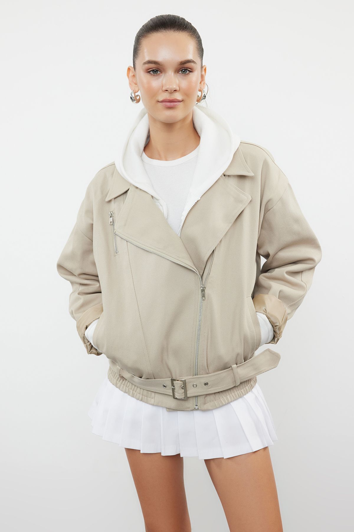

Women s Fashion Beige Oversize Belted Gabardine Biker Slim Jacket Coat 2XS