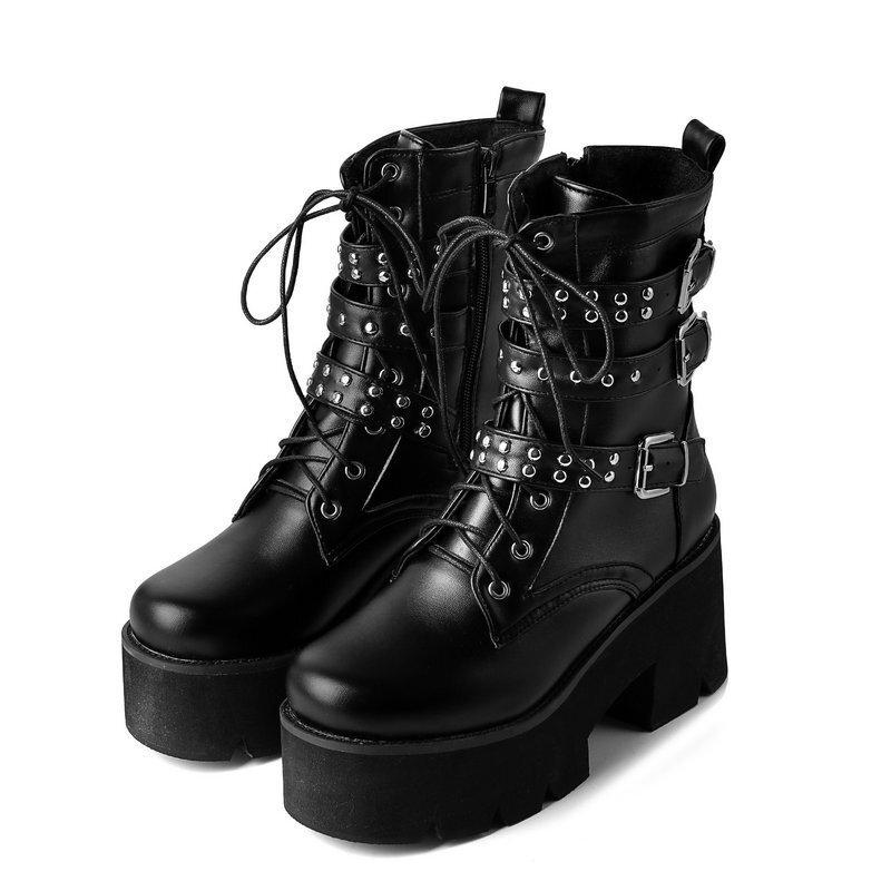 Martin boots women's autumn and winter new black square head leather boots thick heel high heel versatile thick sole belt buckle locomotive short