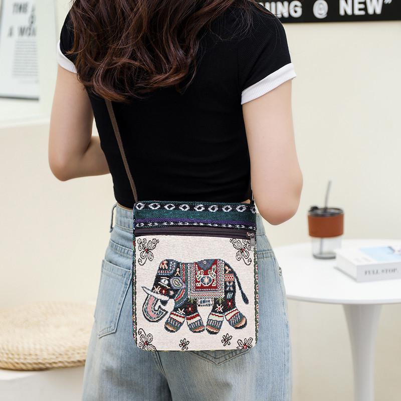 Damen Canvas Umhängetasche - Niedlicher chinesischer Stil, ethnisches Miao-Design, vielseitige gewebte Stoff Schulter- & Handytasche