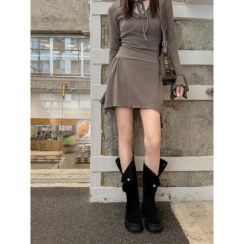 Long Boots Women's 2025 New Retro Thick Heel Versatile Heightening Platform Boots Elastic Stacking Boots