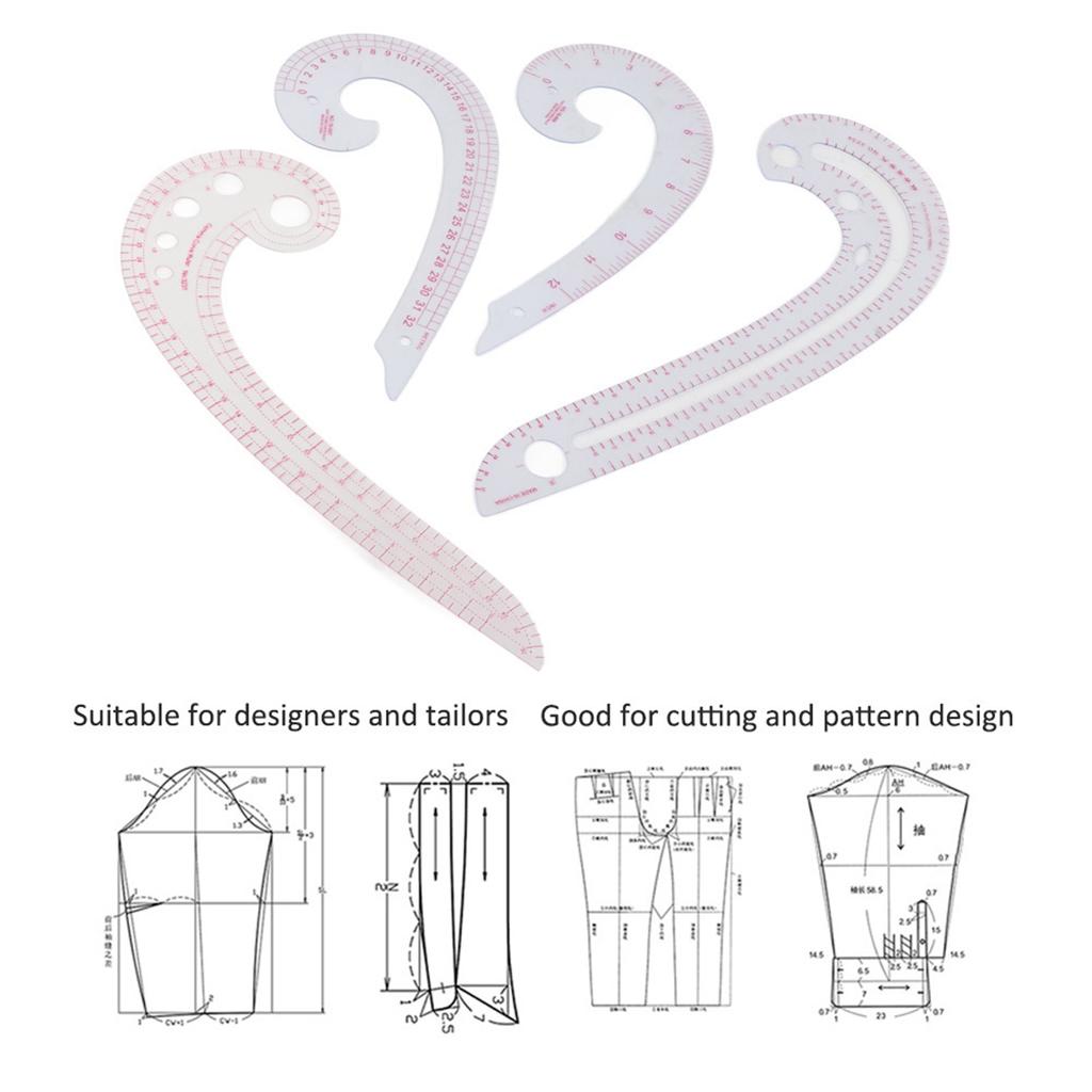 4Pcs Comma Curve Ruler Multifunction Combination Sewing Trimming Drawing Dressmaking Yardstick