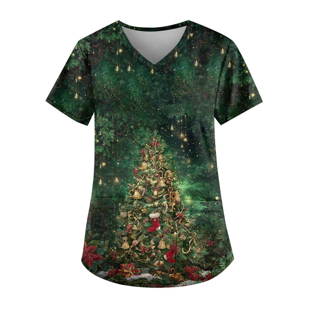 Ladies' Fashionable V-neck Pocket Short Sleeved Christmas Tree Printed Caregiver Uniform
