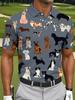 Men'S Short Sleeve Polo Shirt with Cute Dog Print, Casual Lapel T-Shirt Loose Dog Element Print Outdoor Sports Short Sleeve Shirt Gray Base Color