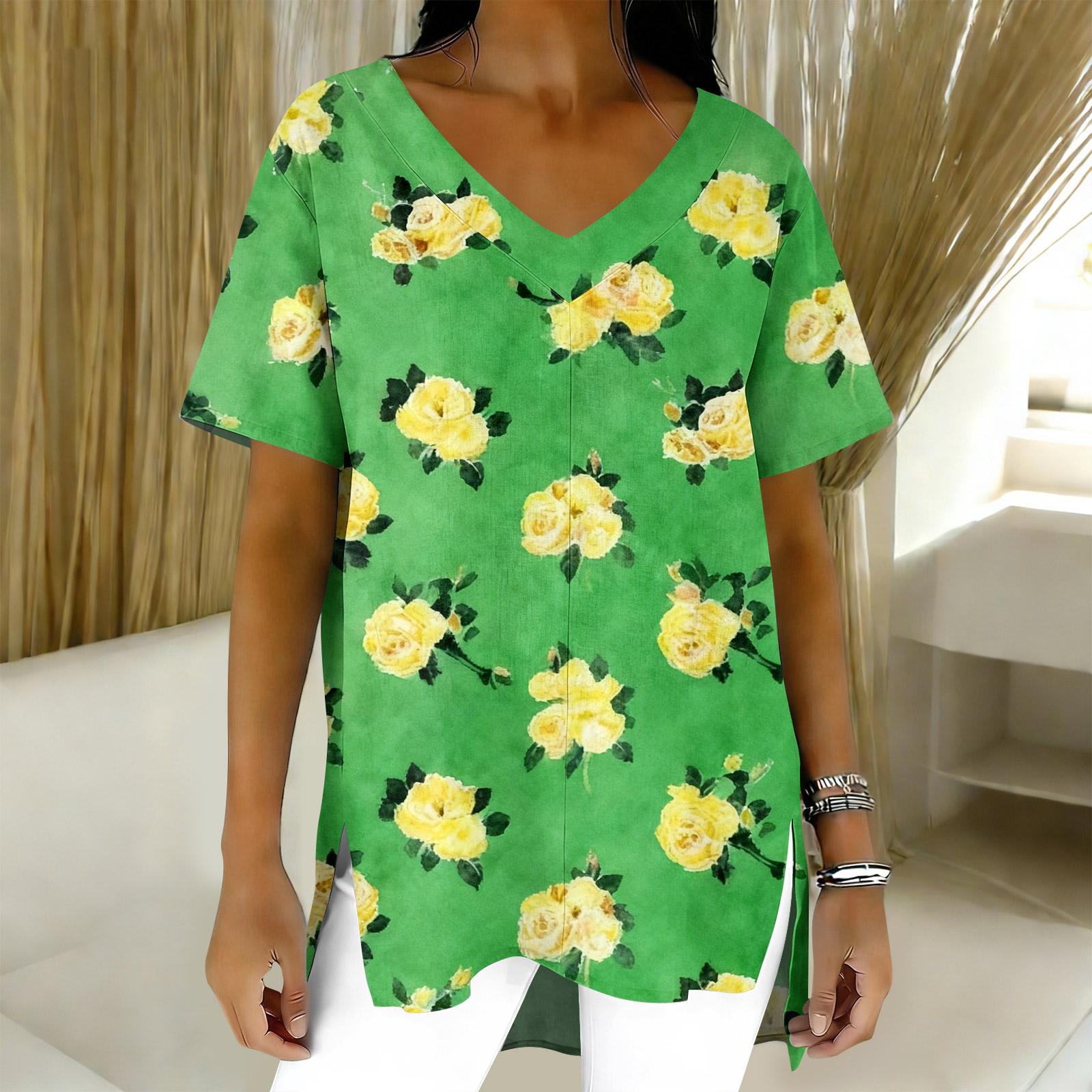 Женская мода повседневный короткий рукав цветочный принт топ XL