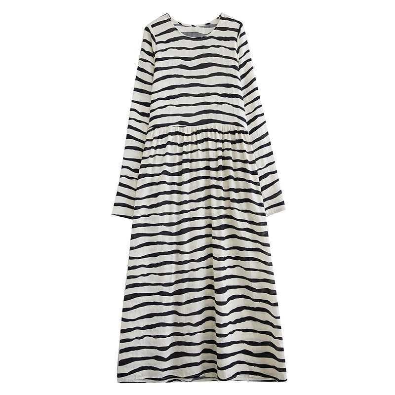 Vintage Literary Style Striped Printed Round Neck Long Sleeve Tie Dress