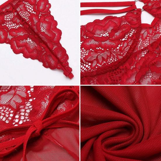 3 Pcs/Set Nightdress Panties Collar Set Hollow Out Lace-up See-through Lace Mesh Backless Adjustable Straps Hook-and-Eye Closure G-string Sleepwear
