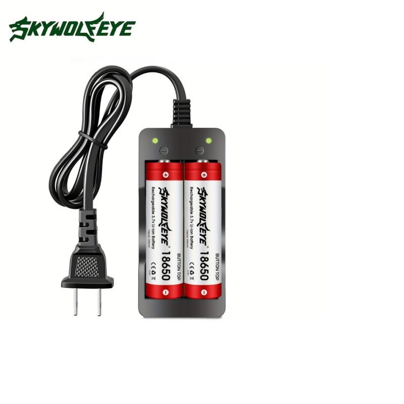 Skywolfeye 2 Slot Battery Charger with 2pc 3.7V 18650 Llithium Lion Rechargeable Battery US