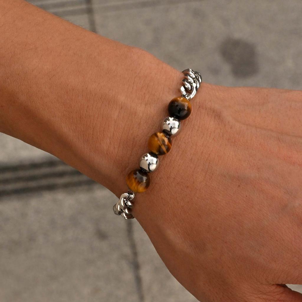 Fashion Stainless Steel Cuban Chain Bracelet for Men, Tiger Eye Natural Stone Charm Bracelet, Vintage Jewelry Father Day Gift