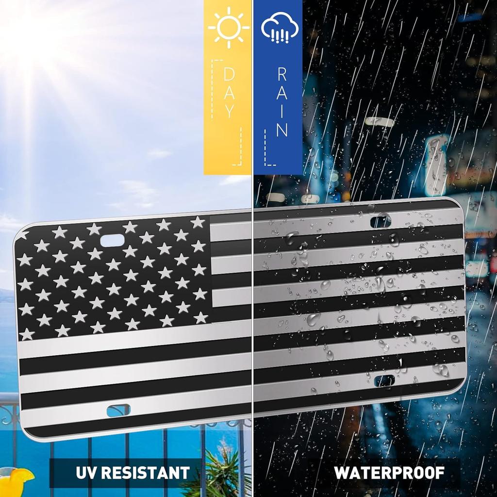 American Flag License Plate, Black Decoration Front Flag License Plates With 4 Holes, Aluminum Metal 3D Embossed US License Plate With Screws Caps, 6