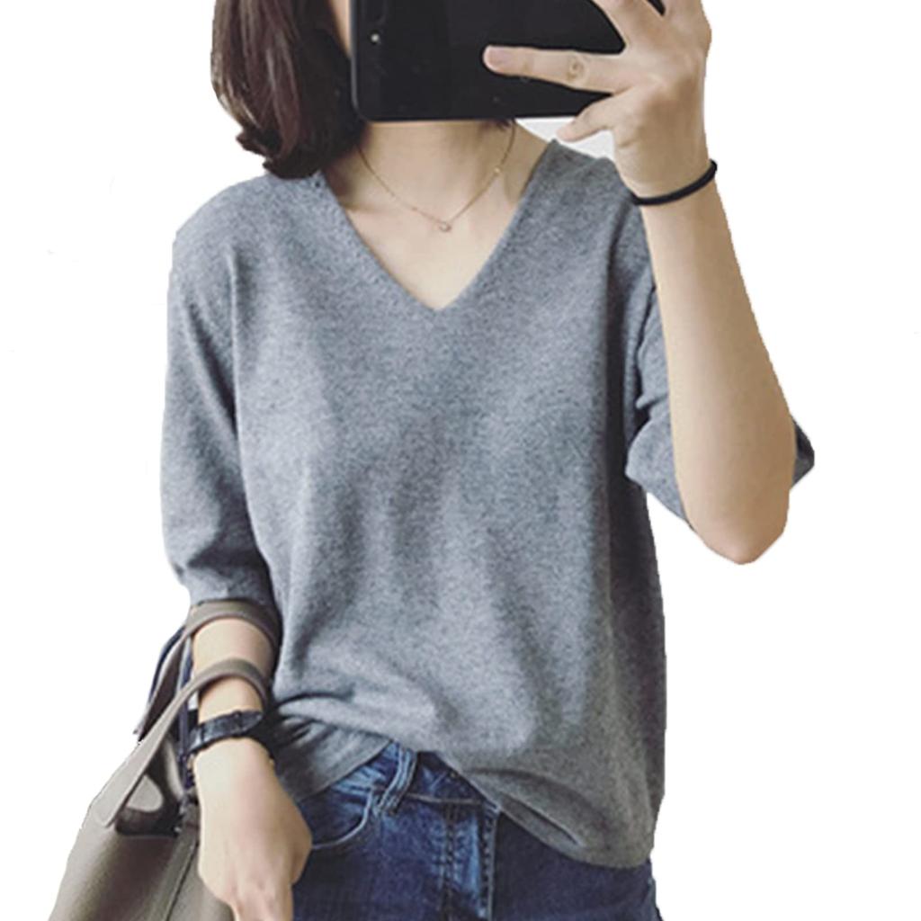 Summer Knit Short Sleeve Loose Cut and Fashionable Summer Beautiful Coordination [ANCKDOCE] Women's T-Shirt, V-Neck, Fit, Sewn, Clothes, Tops, (White)