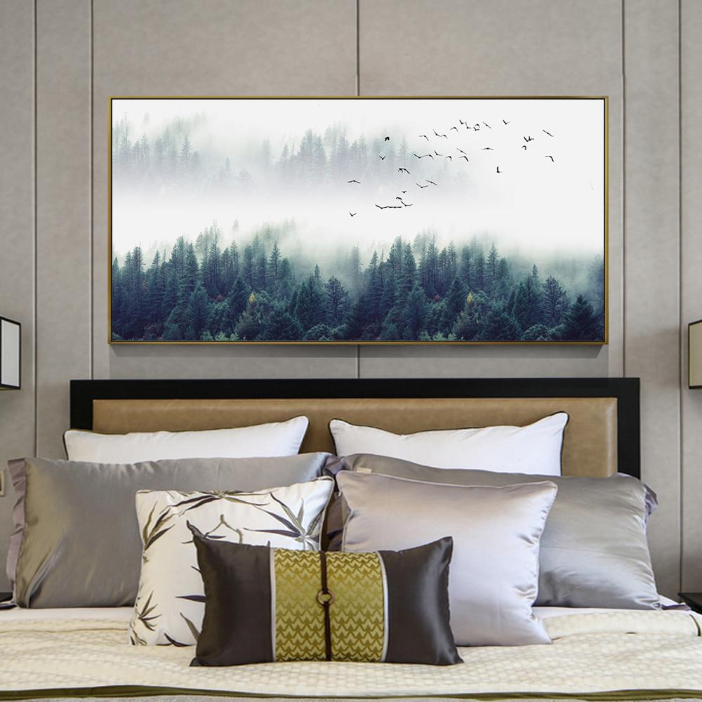 Nordic Style Misty Landscape Canvas Paintings Wall Posters And Prints Deep Forest Flying Bird Wall Pictures Home Decor Background Wall Decoration