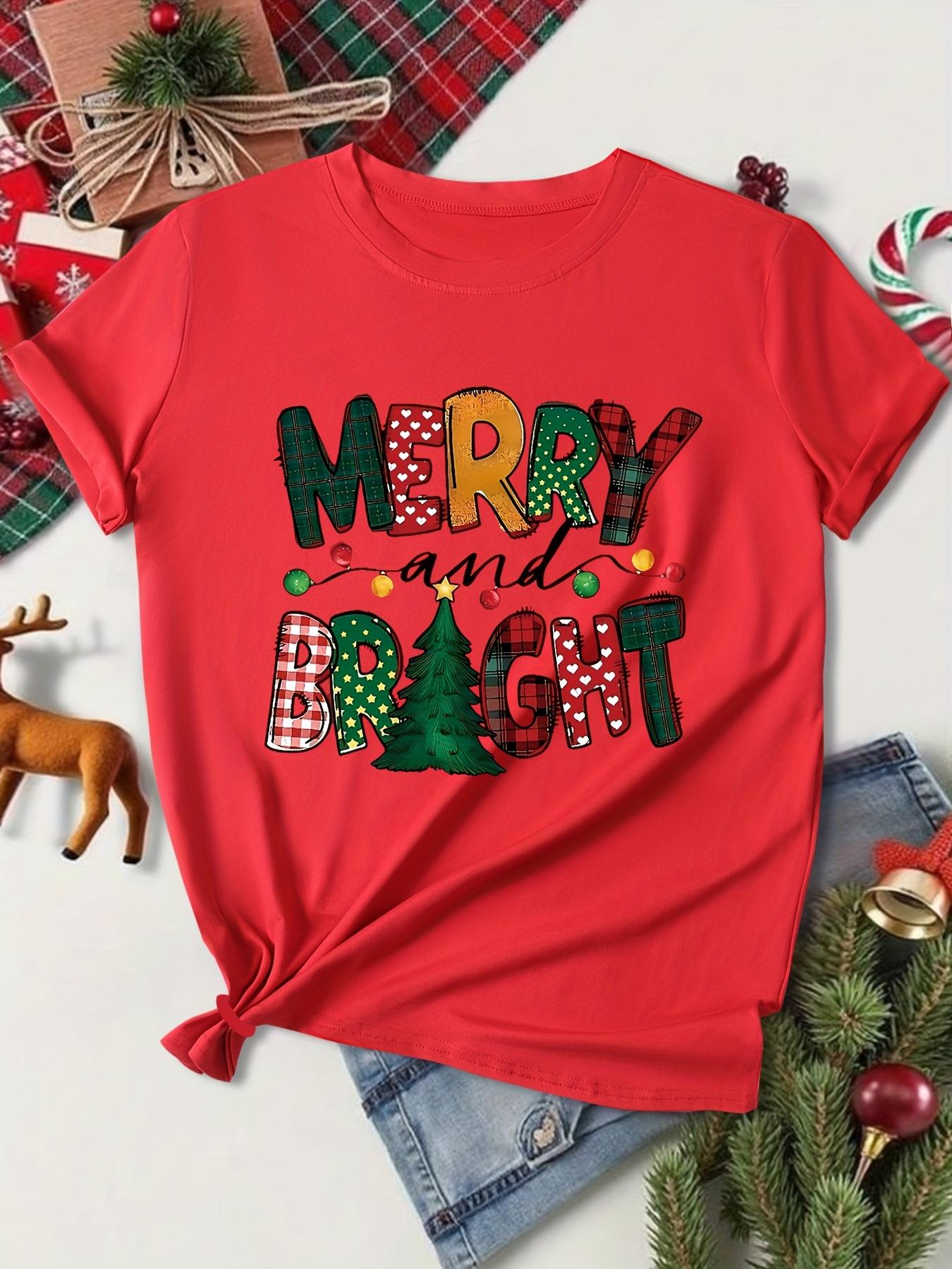 

Womens Red Merry and Bright Christmas TShirt Short Sleeve Crew Neck Casual Top with MERRY BRIGHT Letter Print Plaid Tree Icons S